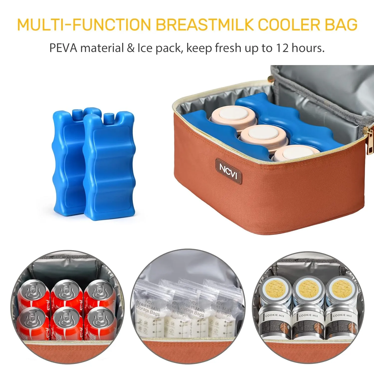 NCVI Breastmilk Cooler Bag with 2 Ice Pack, Breast Pump Bag with Cooler Fits 6 Bottles, Double Layer Breast Milk Cooler Travel Bag Baby Bottle, for Travel, Nursing Mom Daycare, Work, Picnic (Orange)