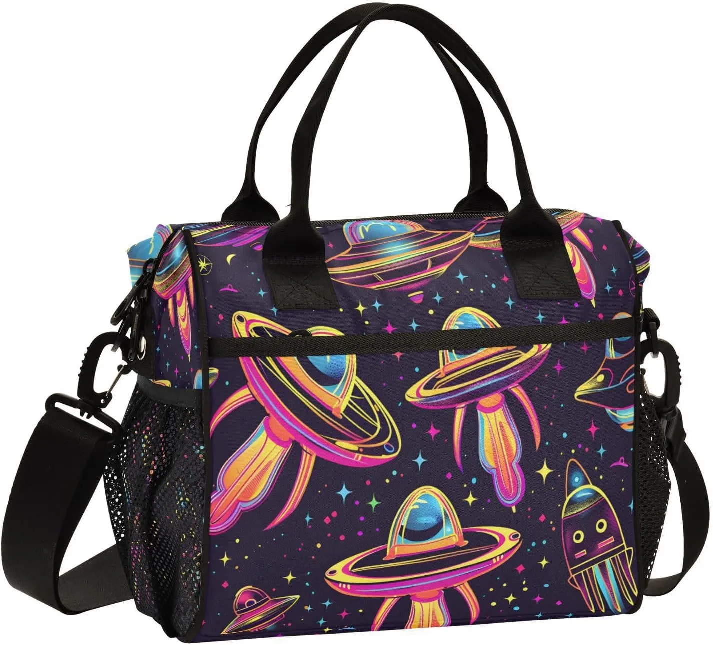 Neon Alien Spacecraft Large Lunch Box for Men Women Adults Insulated Lunch Bag Cooler Bag with Adjustable Shoulder Strap for Work Picnic Travel