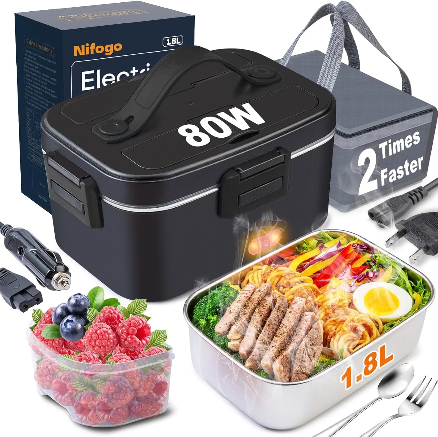 Nifogo Electric Lunch Box for Adults 80W Portable Heated Lunch Box for Men 3 in 1 Portable Food Warmer 110V/12V/24V with 1,8L Removable Stainless Steel Container & Bag(Black)