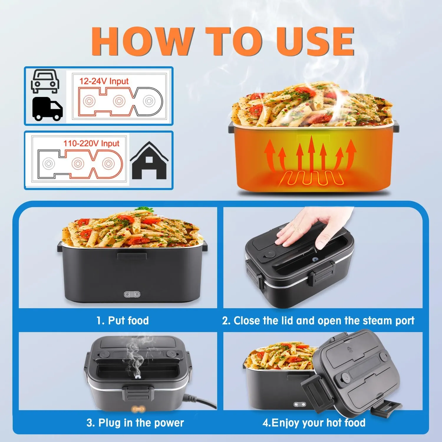 Nifogo Electric Lunch Box for Adults 80W Portable Heated Lunch Box for Men 3 in 1 Portable Food Warmer 110V/12V/24V with 1,8L Removable Stainless Steel Container & Bag(Black)