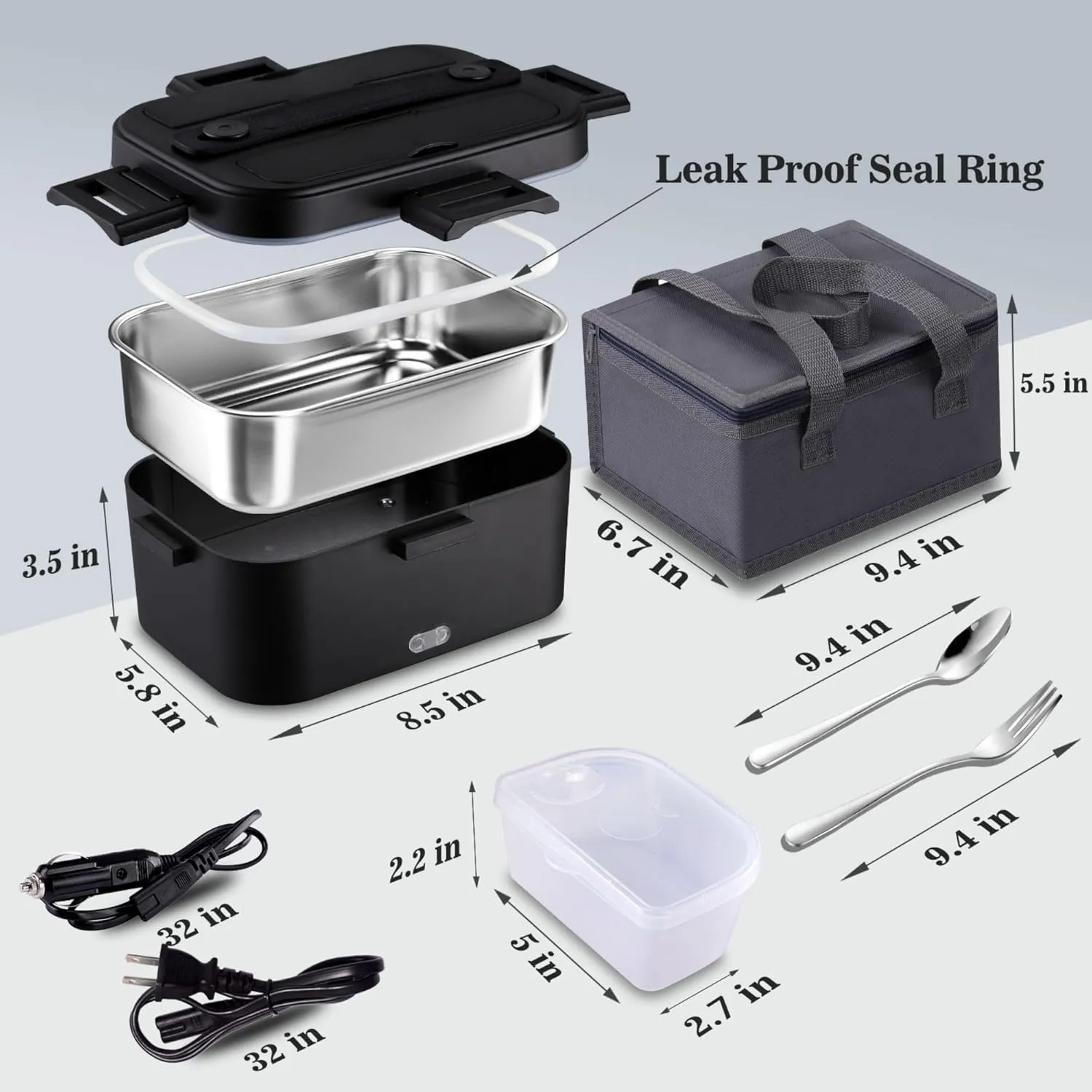 Nifogo Electric Lunch Box for Adults 80W Portable Heated Lunch Box for Men 3 in 1 Portable Food Warmer 110V/12V/24V with 1,8L Removable Stainless Steel Container & Bag(Black)