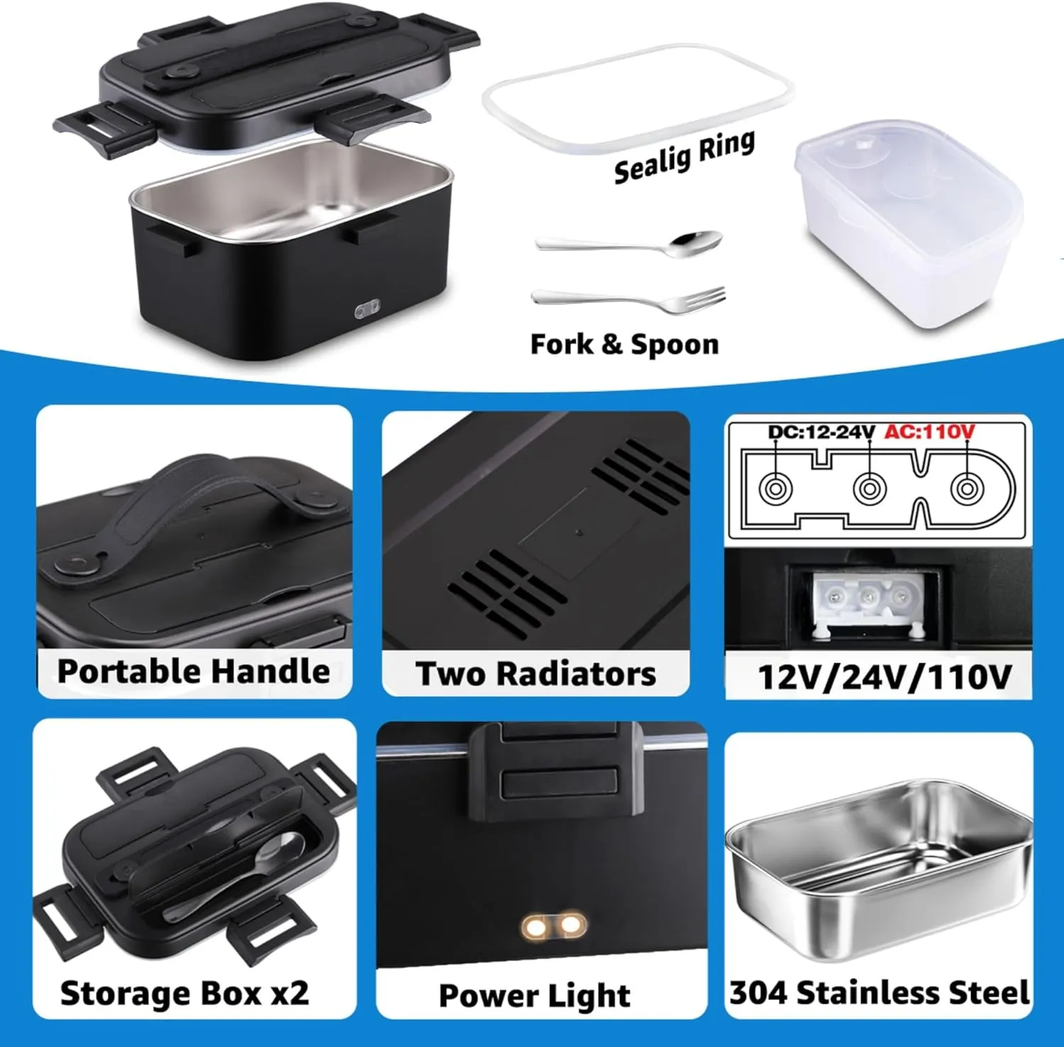 Nifogo Electric Lunch Box for Adults 80W Portable Heated Lunch Box for Men 3 in 1 Portable Food Warmer 110V/12V/24V with 1,8L Removable Stainless Steel Container & Bag(Black)