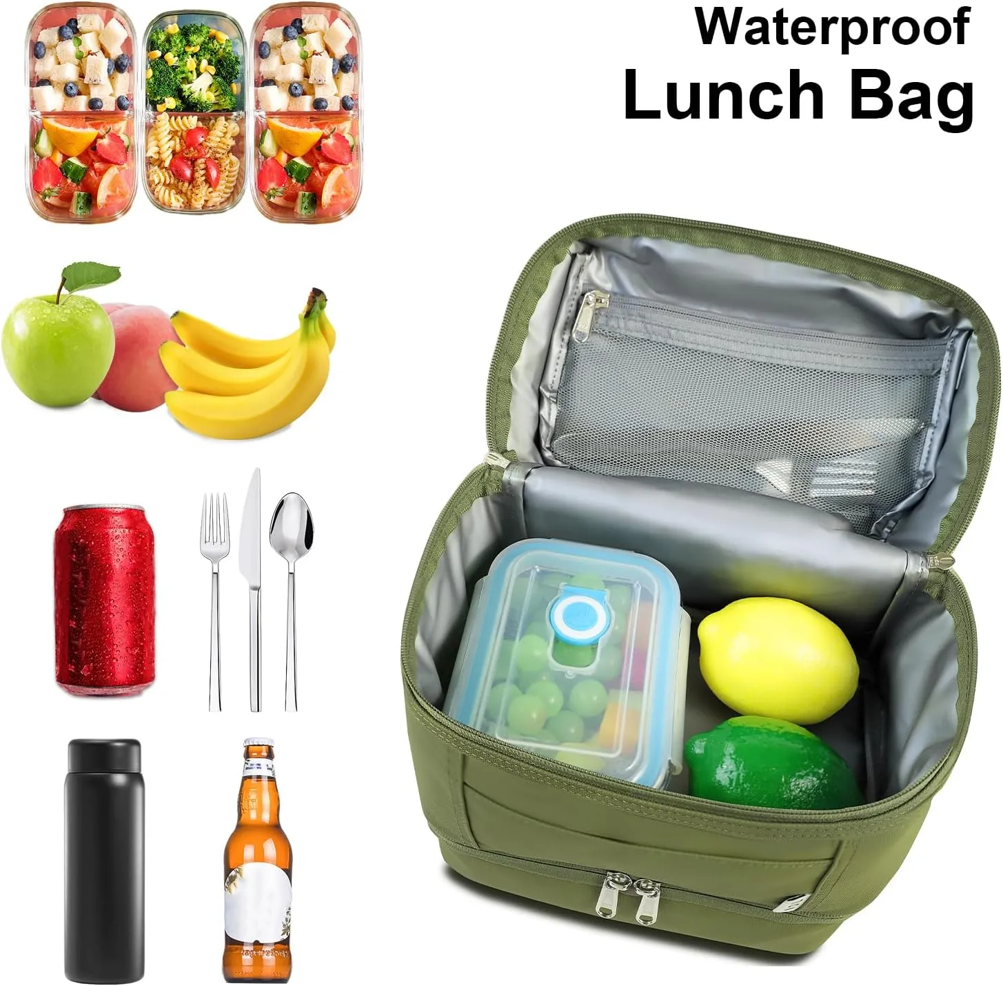 NOL Dual Compartment Insulated Lunch Bag Leakproof Cooler Tote Bag for Adults Lightweight Nylon Waterproof Lunch Box with Adjustable Shoulder Strap for Work, Amy green