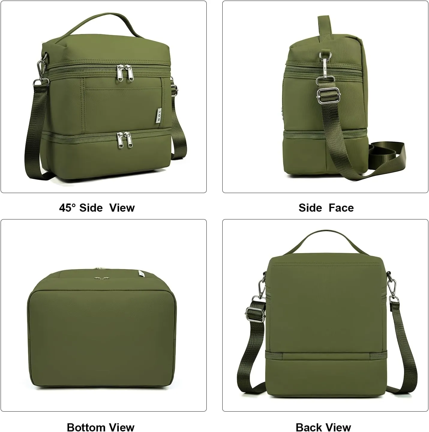 NOL Dual Compartment Insulated Lunch Bag Leakproof Cooler Tote Bag for Adults Lightweight Nylon Waterproof Lunch Box with Adjustable Shoulder Strap for Work, Amy green