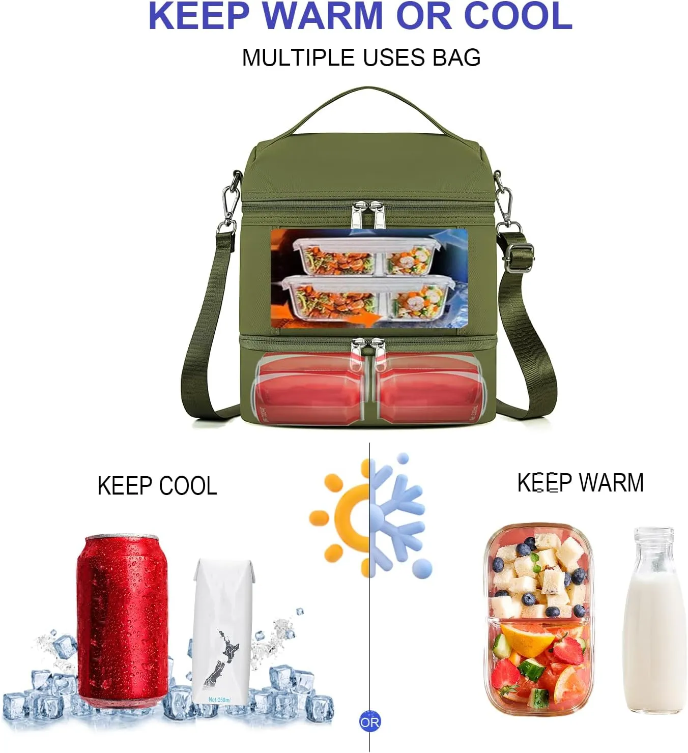 NOL Dual Compartment Insulated Lunch Bag Leakproof Cooler Tote Bag for Adults Lightweight Nylon Waterproof Lunch Box with Adjustable Shoulder Strap for Work, Amy green