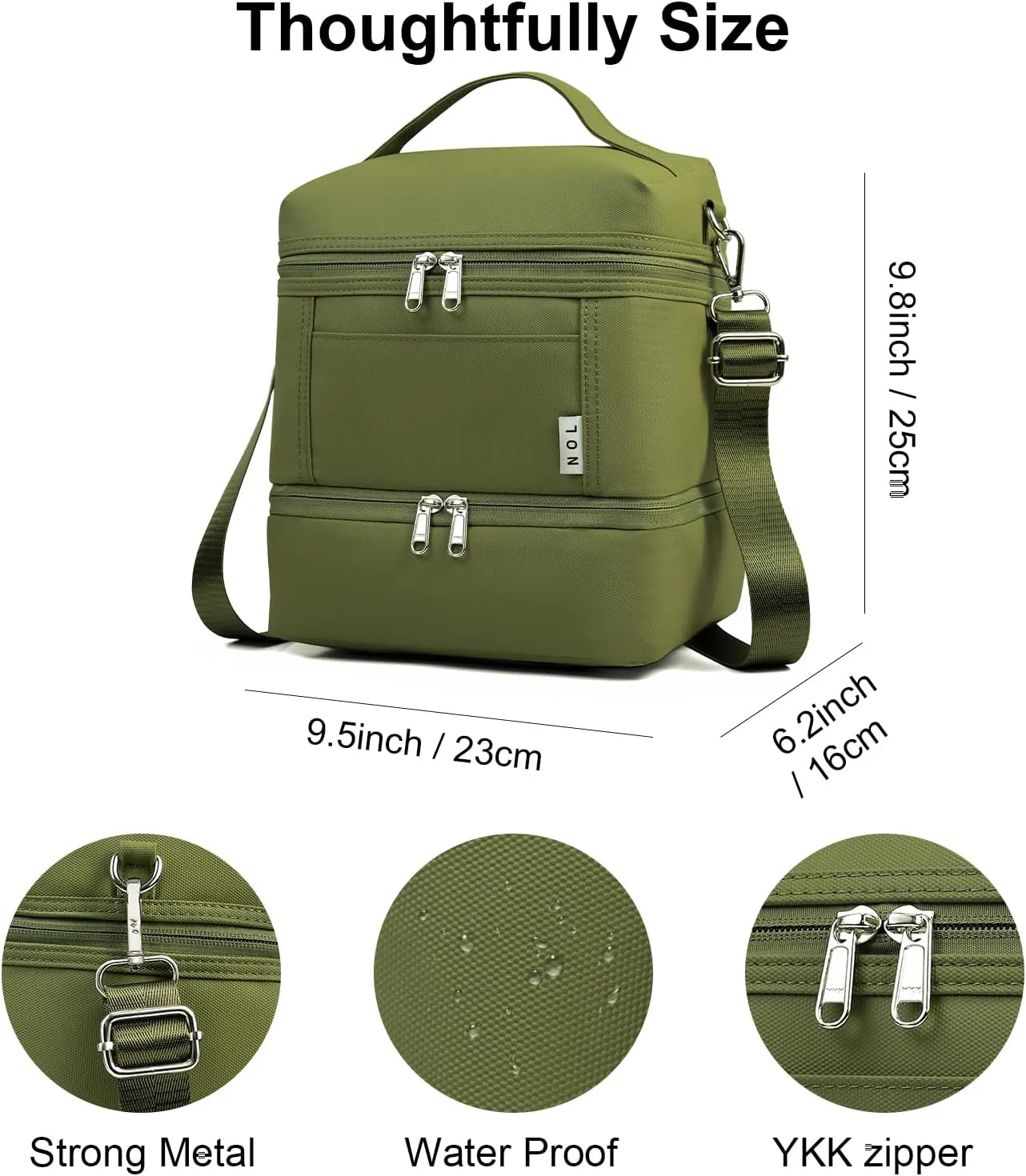 NOL Dual Compartment Insulated Lunch Bag Leakproof Cooler Tote Bag for Adults Lightweight Nylon Waterproof Lunch Box with Adjustable Shoulder Strap for Work, Amy green