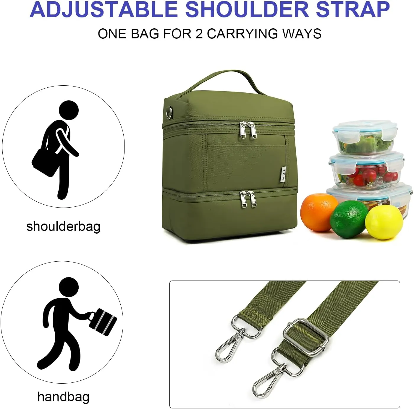 NOL Dual Compartment Insulated Lunch Bag Leakproof Cooler Tote Bag for Adults Lightweight Nylon Waterproof Lunch Box with Adjustable Shoulder Strap for Work, Amy green