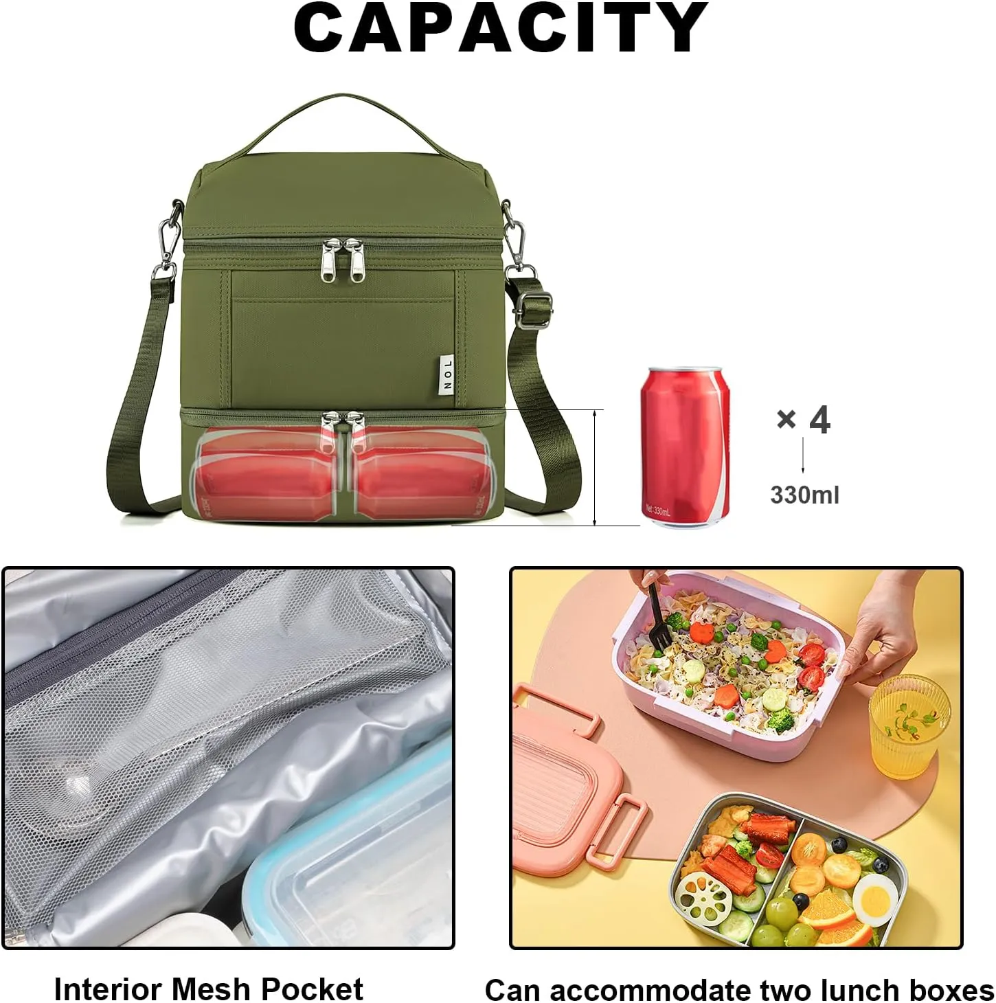 NOL Dual Compartment Insulated Lunch Bag Leakproof Cooler Tote Bag for Adults Lightweight Nylon Waterproof Lunch Box with Adjustable Shoulder Strap for Work, Amy green