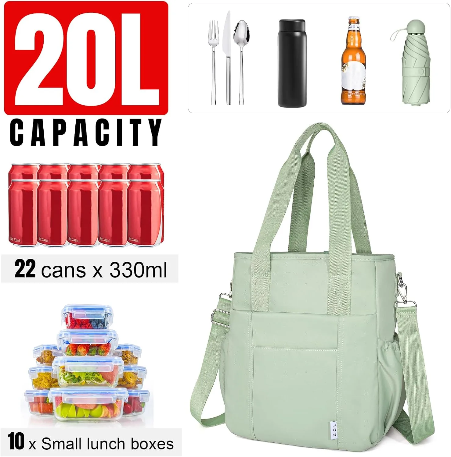 NOL Insulated Lunch Bag for Women, Large Spacious Lunch Tote Bag With Removable Adjustable Shoulder Strap with Multi Pockets,Leakproof Cooler Bag,Lightweight Nylon Waterproof Lunch Box For Work,Green