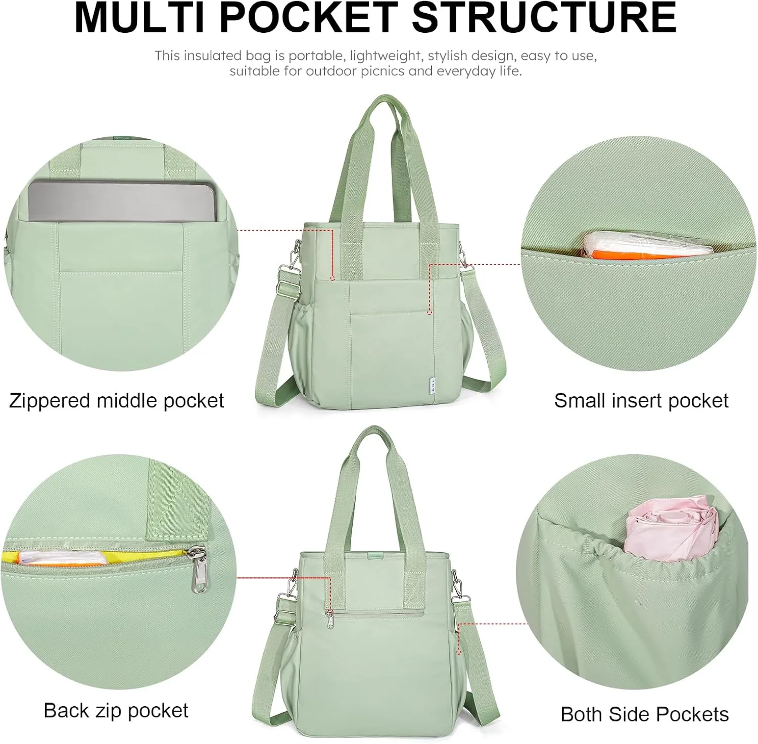 NOL Insulated Lunch Bag for Women, Large Spacious Lunch Tote Bag With Removable Adjustable Shoulder Strap with Multi Pockets,Leakproof Cooler Bag,Lightweight Nylon Waterproof Lunch Box For Work,Green