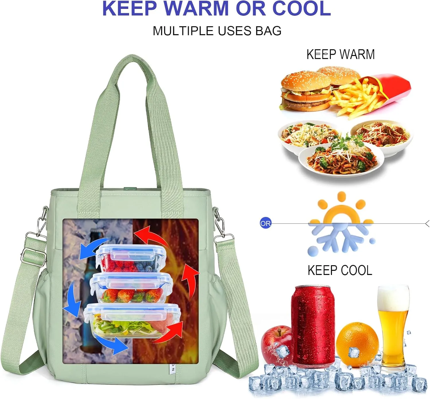 NOL Insulated Lunch Bag for Women, Large Spacious Lunch Tote Bag With Removable Adjustable Shoulder Strap with Multi Pockets,Leakproof Cooler Bag,Lightweight Nylon Waterproof Lunch Box For Work,Green