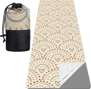 Non Slip Yoga Mat Towel with 4 Corner Pockets with Travel Bag Sweat Absorbent Microfiber Mat Towel Grip Soft Blanket for Hot Yoga, Pilates, Workout, Gym 74"x25"(Boho)