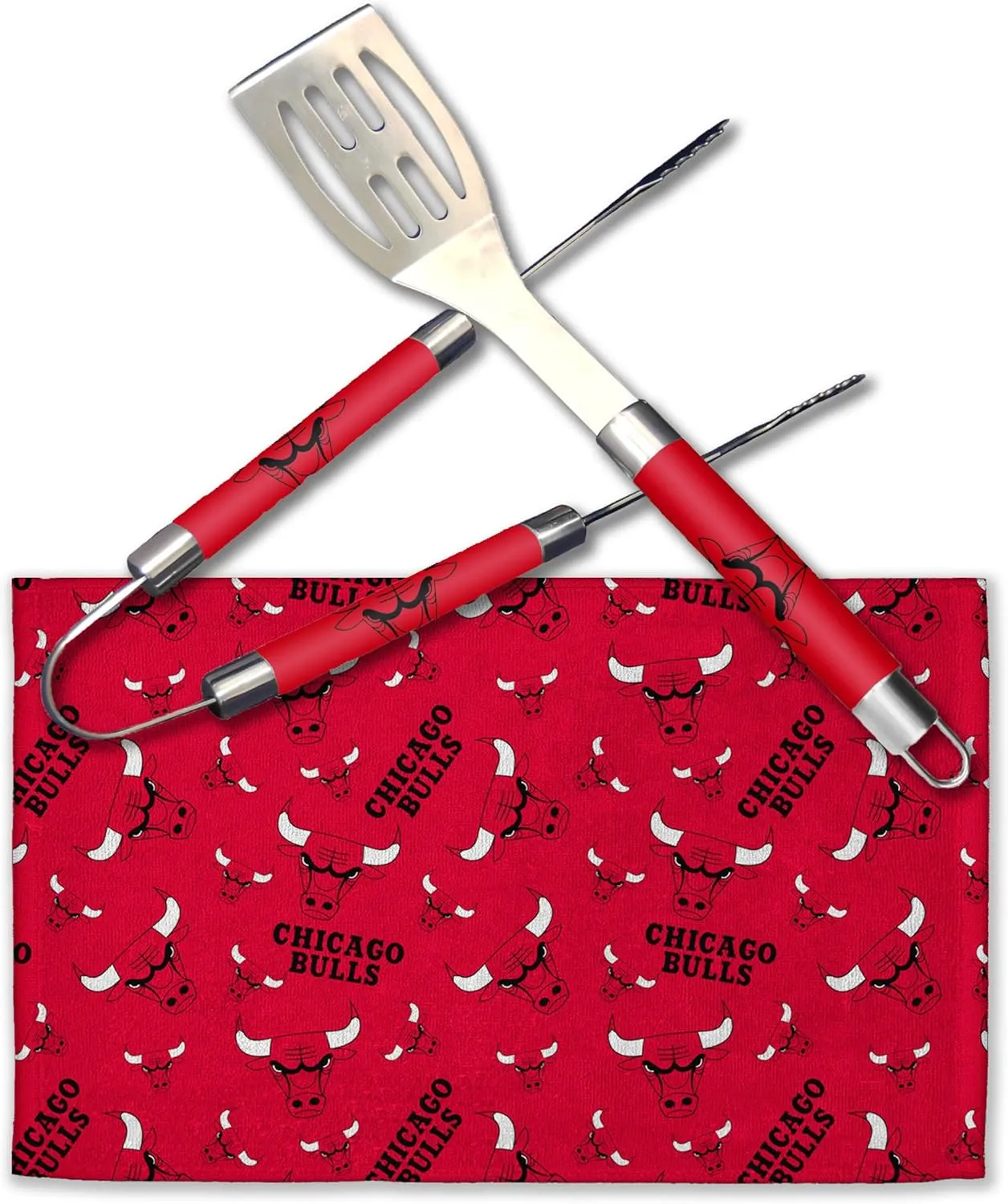 NORTHWEST Offically Licensed Chicago Bulls NBA 3 Piece BBQ Grill Set - Spatula, Tongs and Towel, Scatter Print