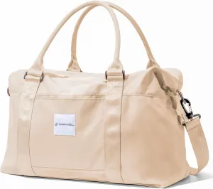 (Not Made In China) Travel Duffel Bag For Women, Waterproof Gym Tote, Overnight Weekender and Personal Item Bag, Carry On Duffle With Shoulder Strap and Luggage Trolley Sleeve (Beige)