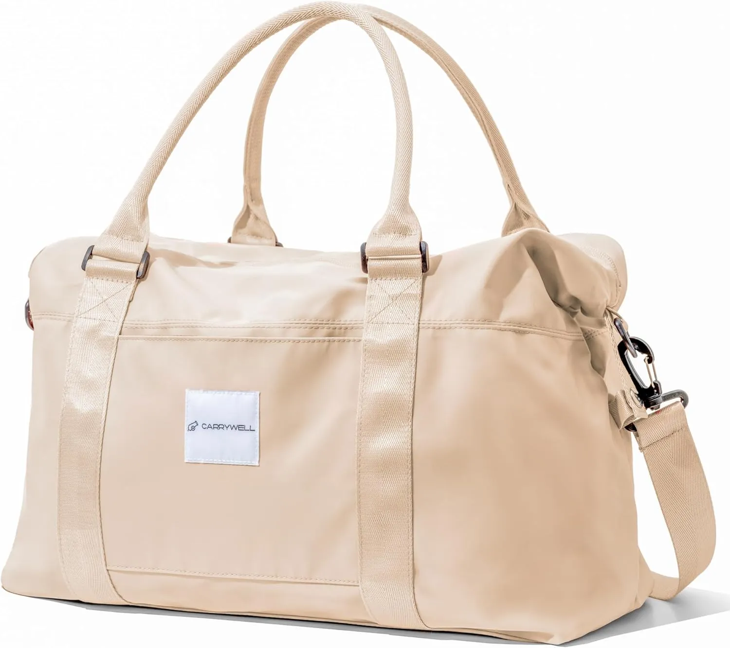 (Not Made In China) Travel Duffel Bag For Women, Waterproof Gym Tote, Overnight Weekender and Personal Item Bag, Carry On Duffle With Shoulder Strap and Luggage Trolley Sleeve (Beige)