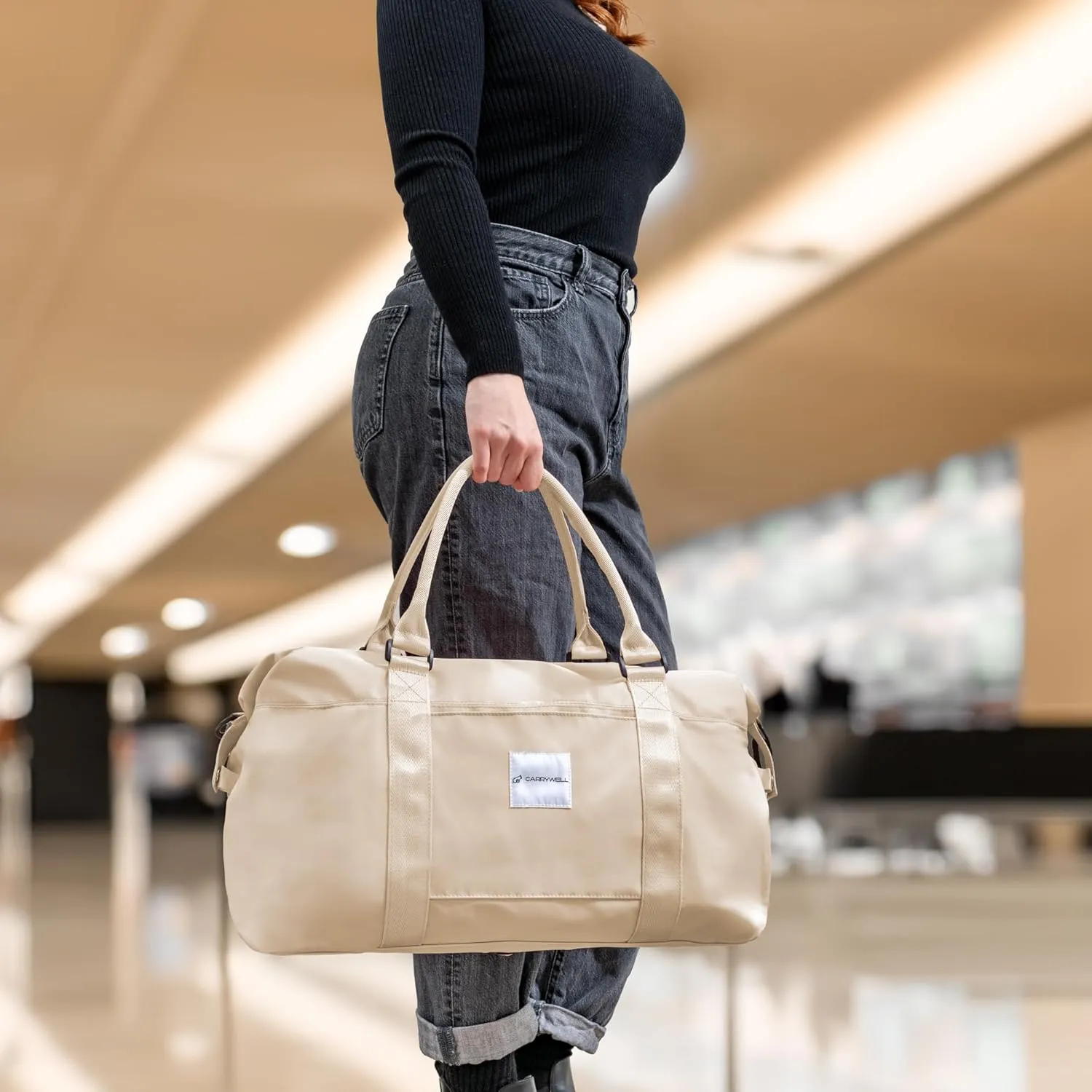 (Not Made In China) Travel Duffel Bag For Women, Waterproof Gym Tote, Overnight Weekender and Personal Item Bag, Carry On Duffle With Shoulder Strap and Luggage Trolley Sleeve (Beige)
