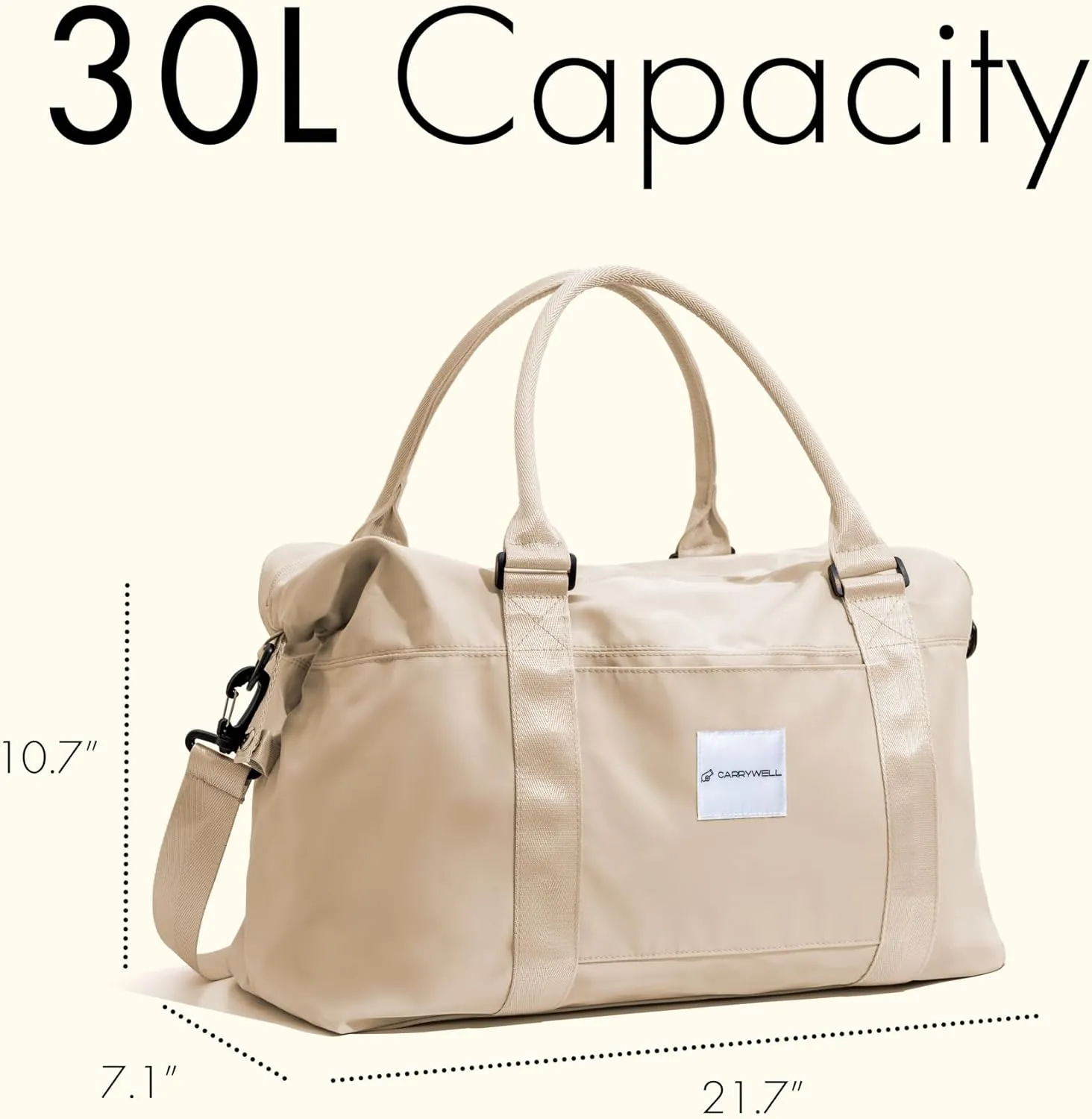 (Not Made In China) Travel Duffel Bag For Women, Waterproof Gym Tote, Overnight Weekender and Personal Item Bag, Carry On Duffle With Shoulder Strap and Luggage Trolley Sleeve (Beige)