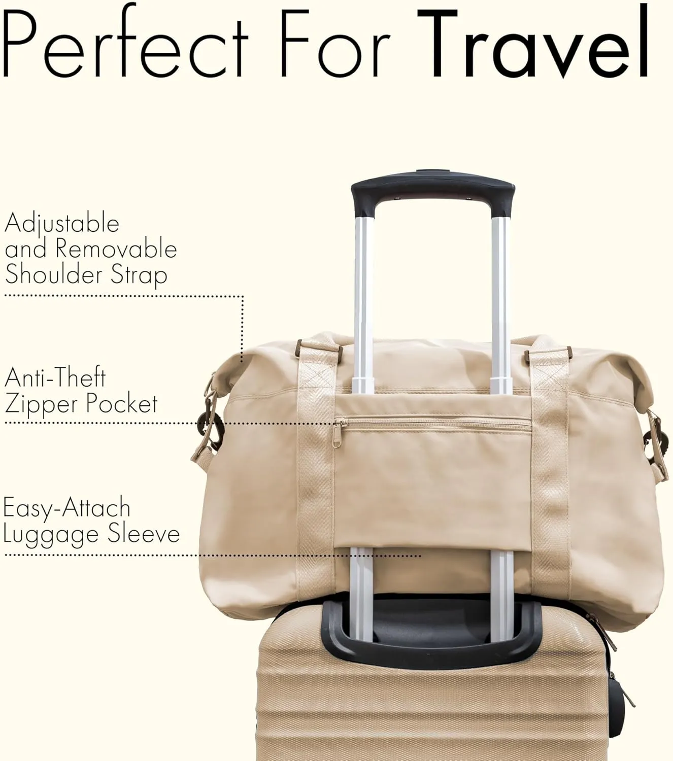 (Not Made In China) Travel Duffel Bag For Women, Waterproof Gym Tote, Overnight Weekender and Personal Item Bag, Carry On Duffle With Shoulder Strap and Luggage Trolley Sleeve (Beige)