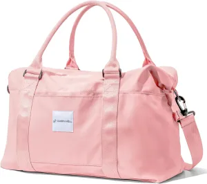 (Not Made In China) Travel Duffel Bag For Women, Waterproof Gym Tote, Overnight Weekender and Personal Item Bag, Carry On Duffle With Shoulder Strap and Luggage Trolley Sleeve (Pink)