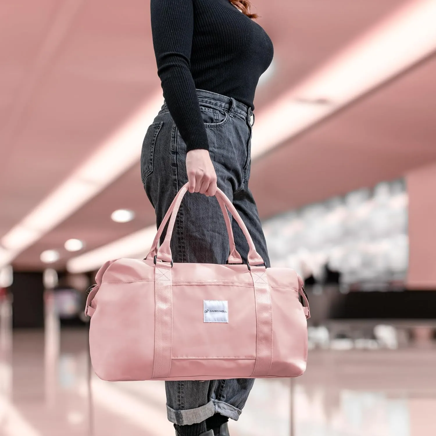 (Not Made In China) Travel Duffel Bag For Women, Waterproof Gym Tote, Overnight Weekender and Personal Item Bag, Carry On Duffle With Shoulder Strap and Luggage Trolley Sleeve (Pink)