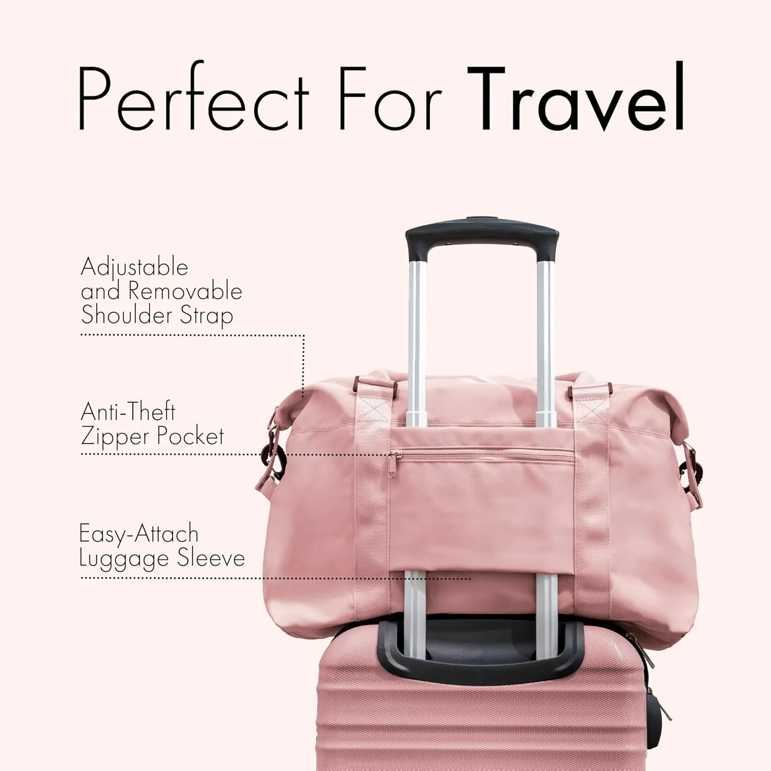 (Not Made In China) Travel Duffel Bag For Women, Waterproof Gym Tote, Overnight Weekender and Personal Item Bag, Carry On Duffle With Shoulder Strap and Luggage Trolley Sleeve (Pink)