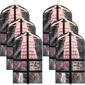Nuenen 6 Pcs Kids Dance Costume Garment Bag for Hanging Clothes Clear Dance Garment Bags for Dancers with 5 Zipper Pockets Closet Hanging Clothes Cover(37 x 21 Inch,Black)
