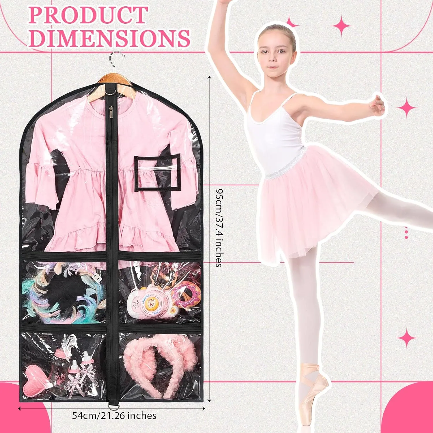 Nuenen 6 Pcs Kids Dance Costume Garment Bag for Hanging Clothes Clear Dance Garment Bags for Dancers with 5 Zipper Pockets Closet Hanging Clothes Cover(37 x 21 Inch,Black)