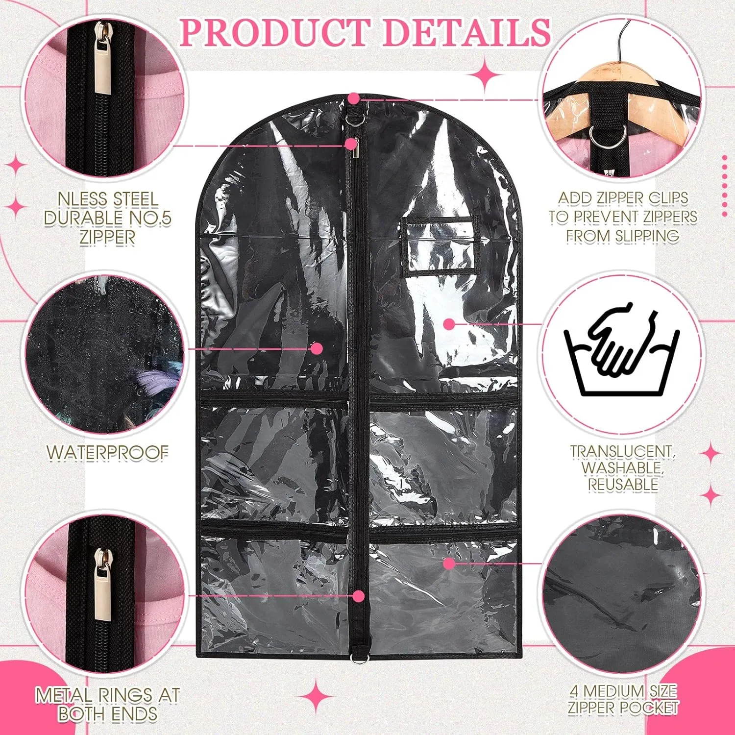 Nuenen 6 Pcs Kids Dance Costume Garment Bag for Hanging Clothes Clear Dance Garment Bags for Dancers with 5 Zipper Pockets Closet Hanging Clothes Cover(37 x 21 Inch,Black)