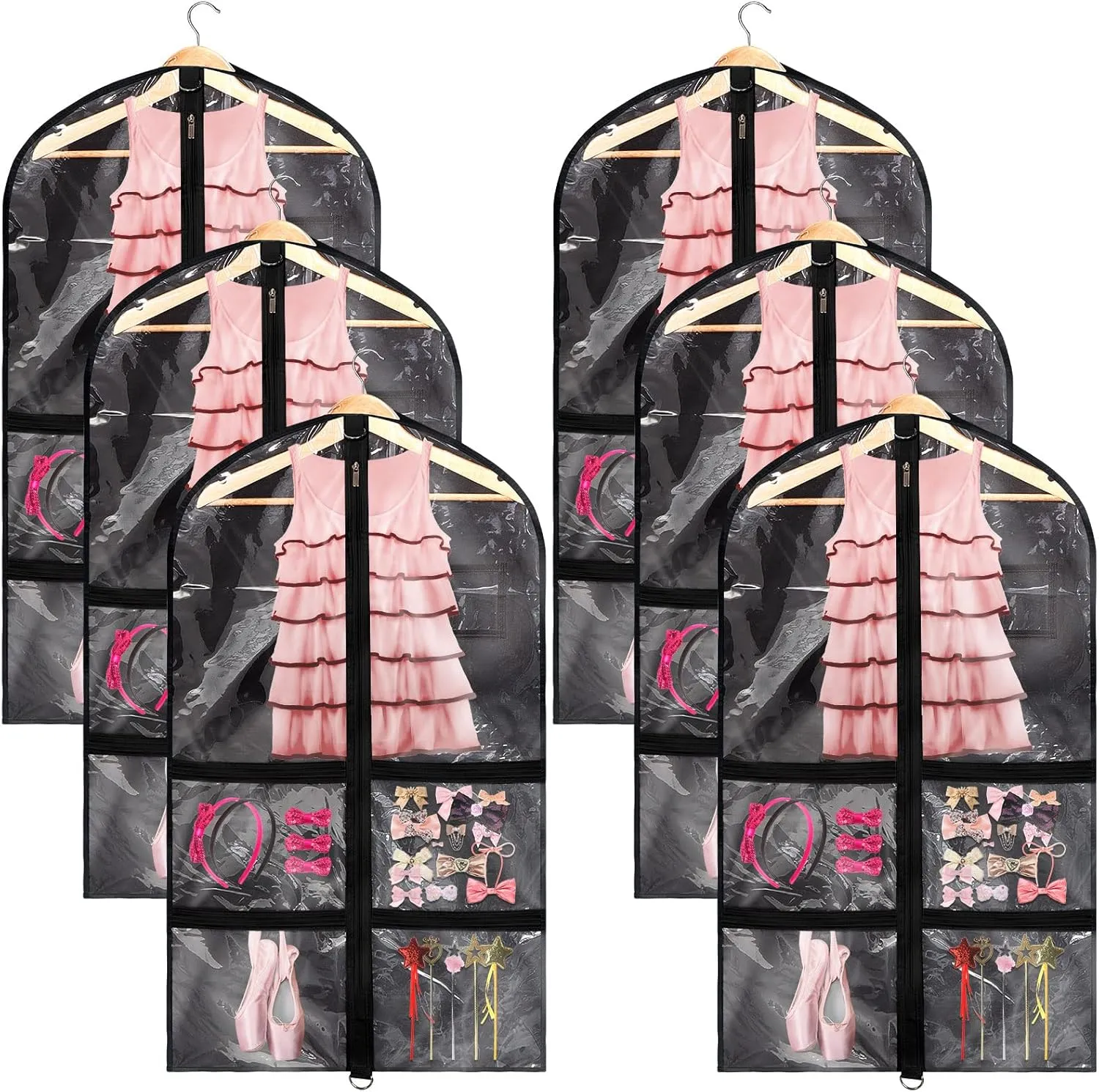 Nuenen 6 Pcs Kids Dance Costume Garment Bag for Hanging Clothes Clear Dance Garment Bags for Dancers with 5 Zipper Pockets Closet Hanging Clothes Cover(37 x 21 Inch,Black)