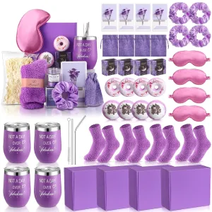 Nuogo 48 Pcs Christmas Spa Gift Baskets for Women Birthday Gifts Spa Care Package Set with Aromatherapy, Bath Ball, Tumbler, Hair Tie, Socks, Eye Mask, Soap for Bridesmaids Anniversary Mother's Day