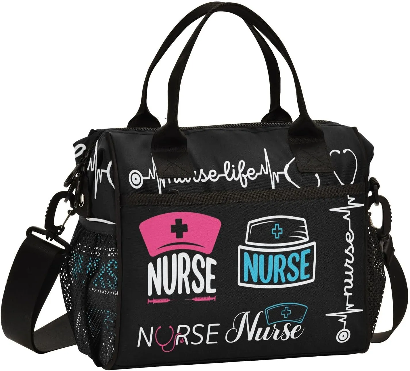 Nurse Pattern Lunch Bag Reusable Lunch Box for Office Picnic Hiking Beach, Insulated Cooler Tote Food Container with Adjustable Shoulder Strap for Men Women Adults