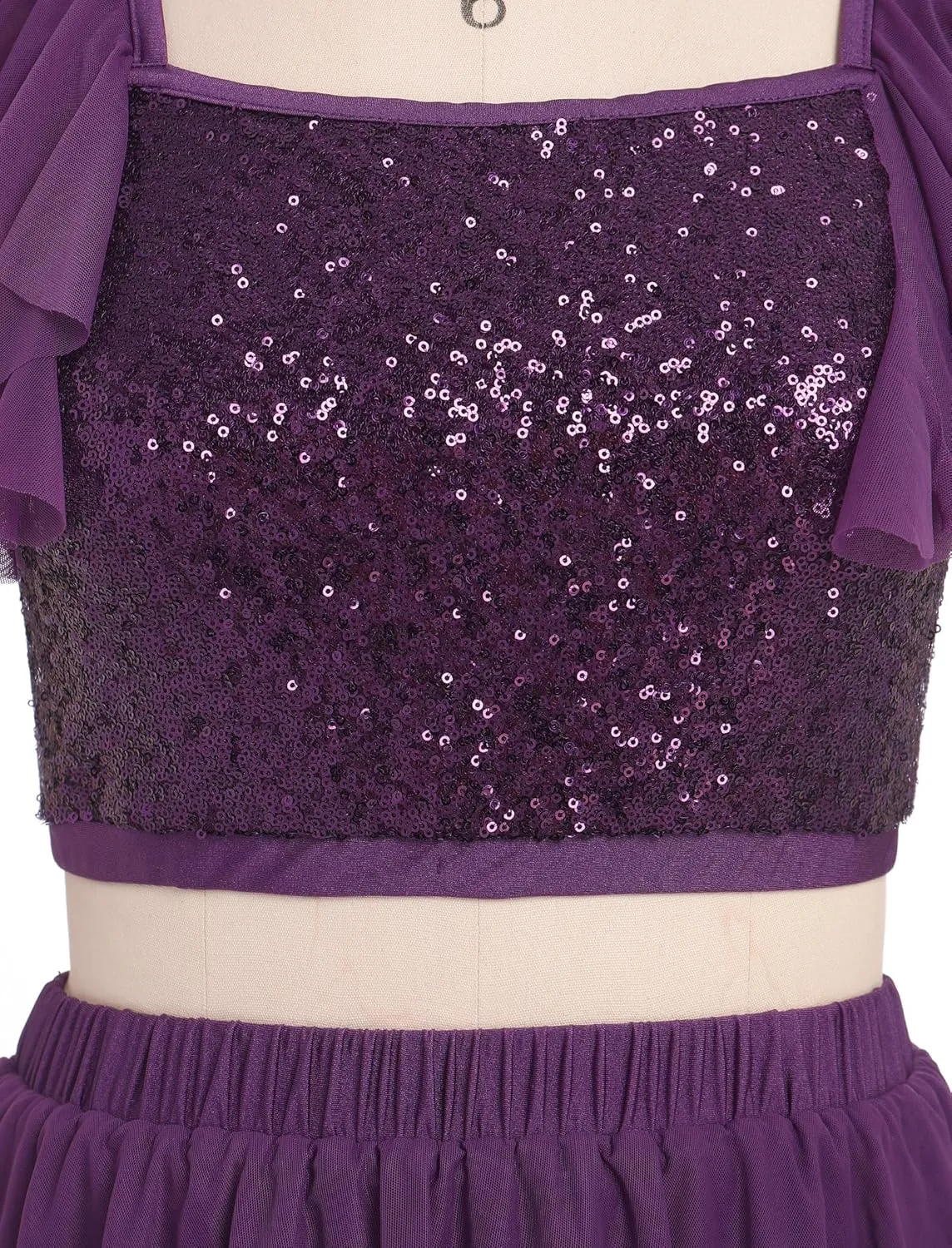 ODASDO Women Lyrical Dance Costumes Sequin Tank Crop Top   Mesh Tulle Leotard Skirt Two Piece Outfit XS-XL