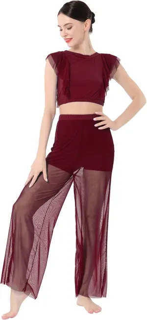 ODASDO Women Two Piece Lyrical Dance Costumes Criss Cross Crop Tops   Mesh Tulle Wide Leg Pants Modern Contemporary Dancewear