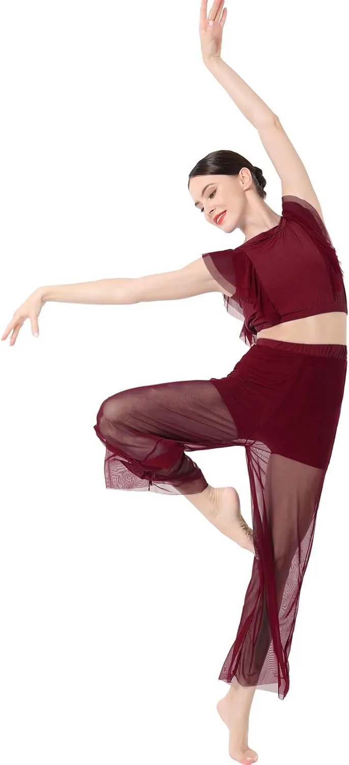 ODASDO Women Two Piece Lyrical Dance Costumes Criss Cross Crop Tops   Mesh Tulle Wide Leg Pants Modern Contemporary Dancewear