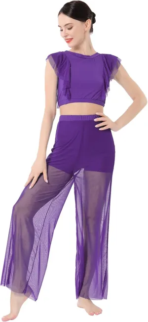 ODASDO Women Two Piece Lyrical Dance Costumes Criss Cross Crop Tops   Mesh Tulle Wide Leg Pants Modern Contemporary Dancewear
