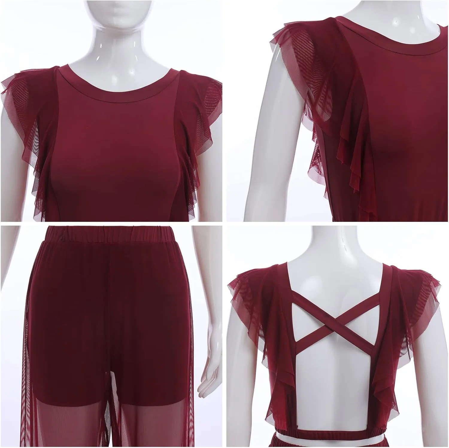 ODASDO Women Two Piece Lyrical Dance Costumes Criss Cross Crop Tops   Mesh Tulle Wide Leg Pants Modern Contemporary Dancewear