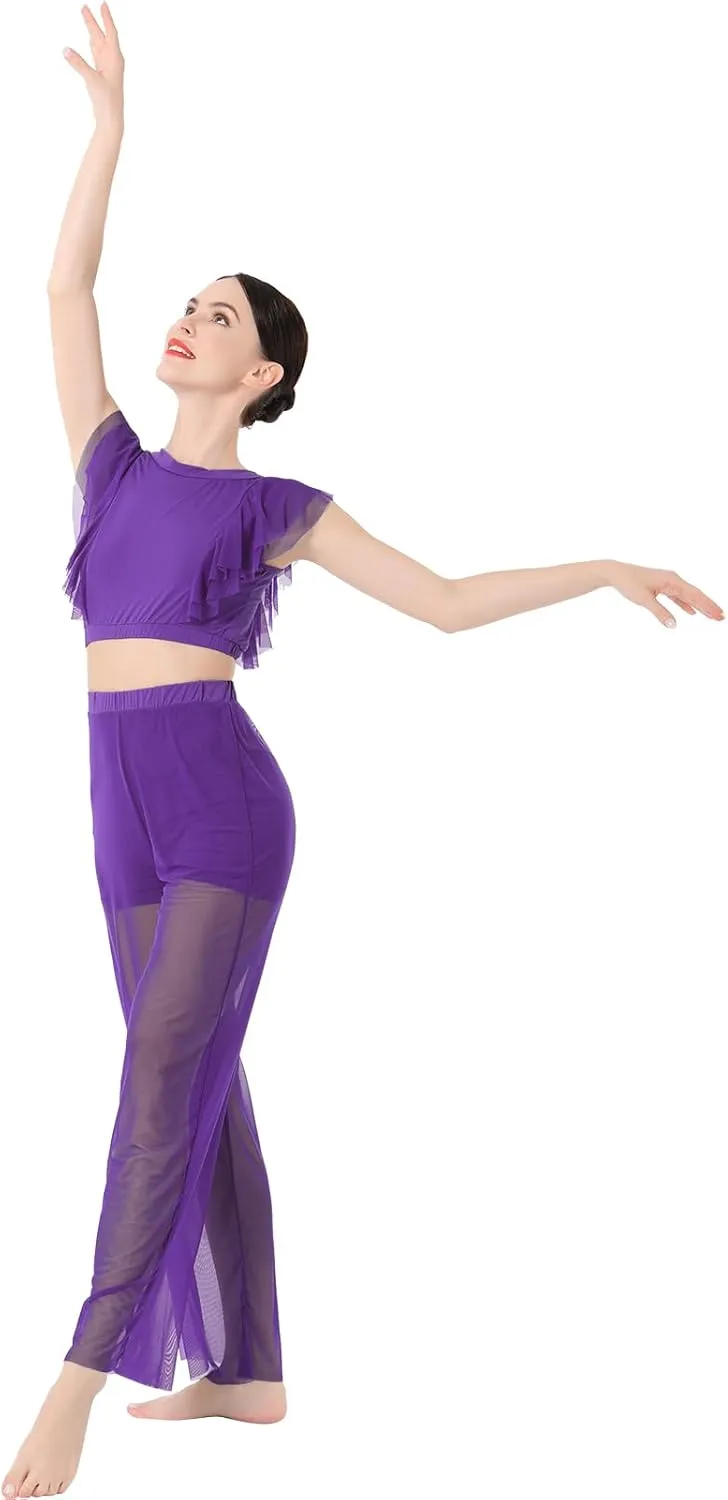 ODASDO Women Two Piece Lyrical Dance Costumes Criss Cross Crop Tops   Mesh Tulle Wide Leg Pants Modern Contemporary Dancewear