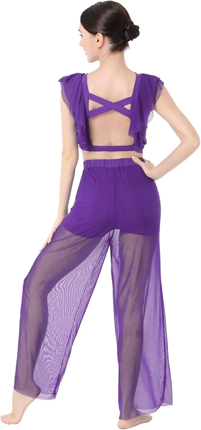 ODASDO Women Two Piece Lyrical Dance Costumes Criss Cross Crop Tops   Mesh Tulle Wide Leg Pants Modern Contemporary Dancewear