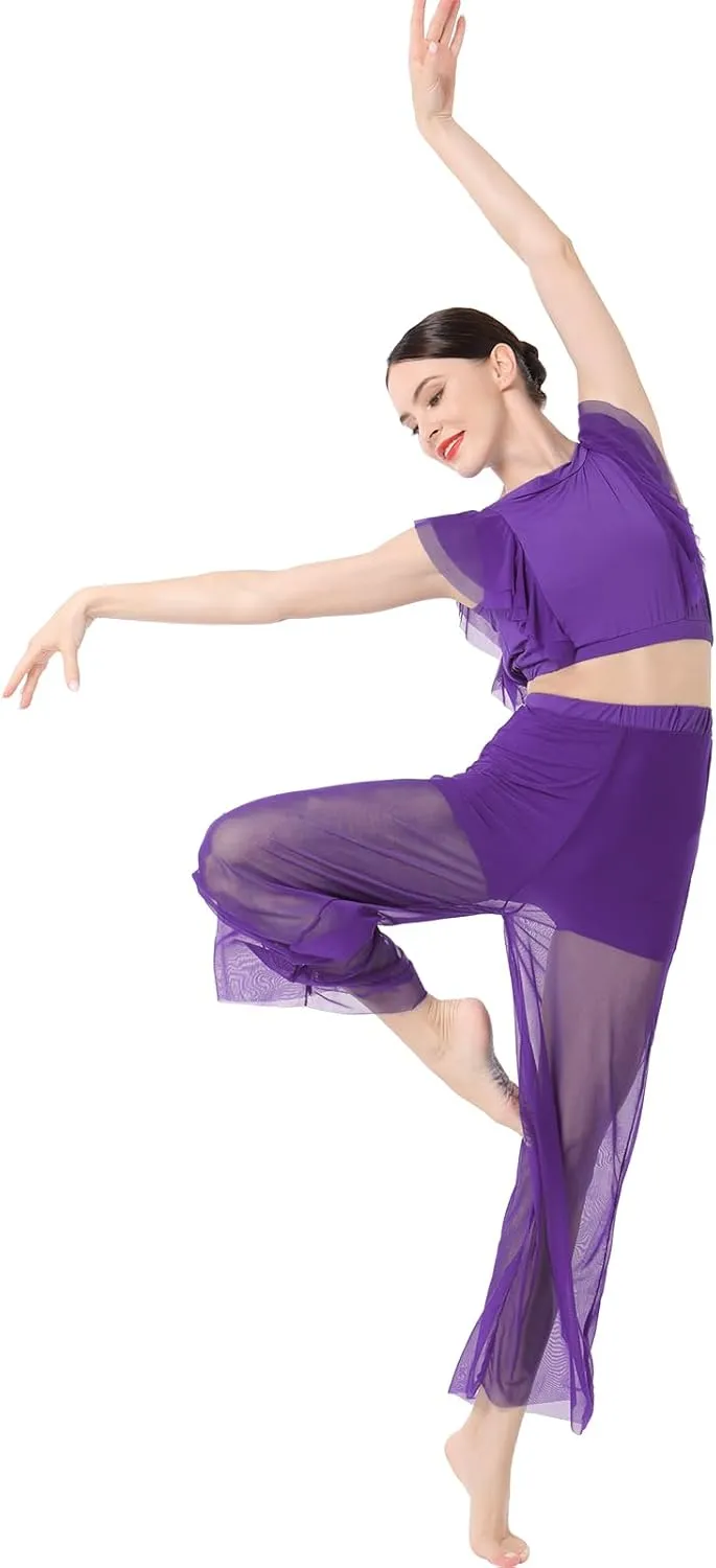 ODASDO Women Two Piece Lyrical Dance Costumes Criss Cross Crop Tops   Mesh Tulle Wide Leg Pants Modern Contemporary Dancewear