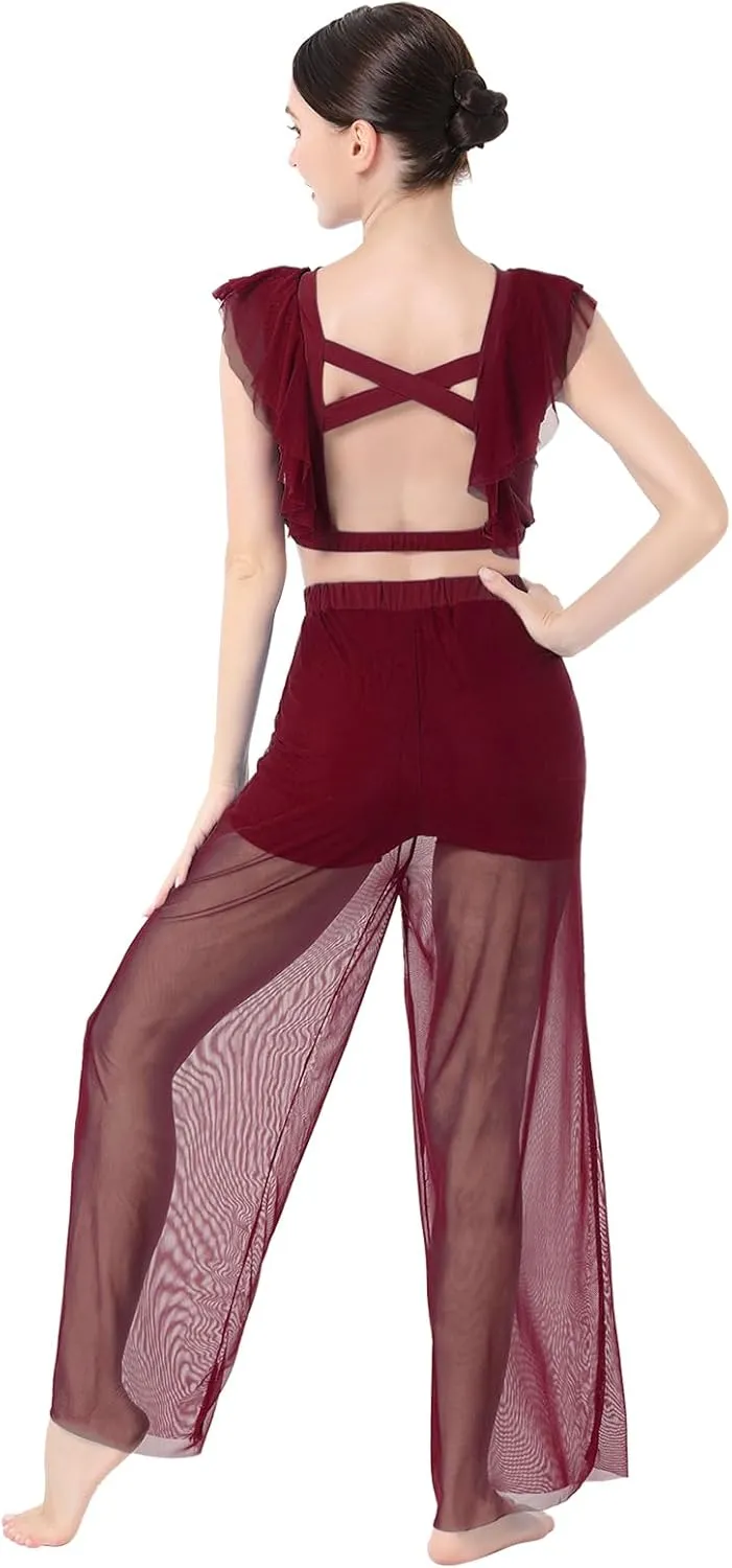 ODASDO Women Two Piece Lyrical Dance Costumes Criss Cross Crop Tops   Mesh Tulle Wide Leg Pants Modern Contemporary Dancewear