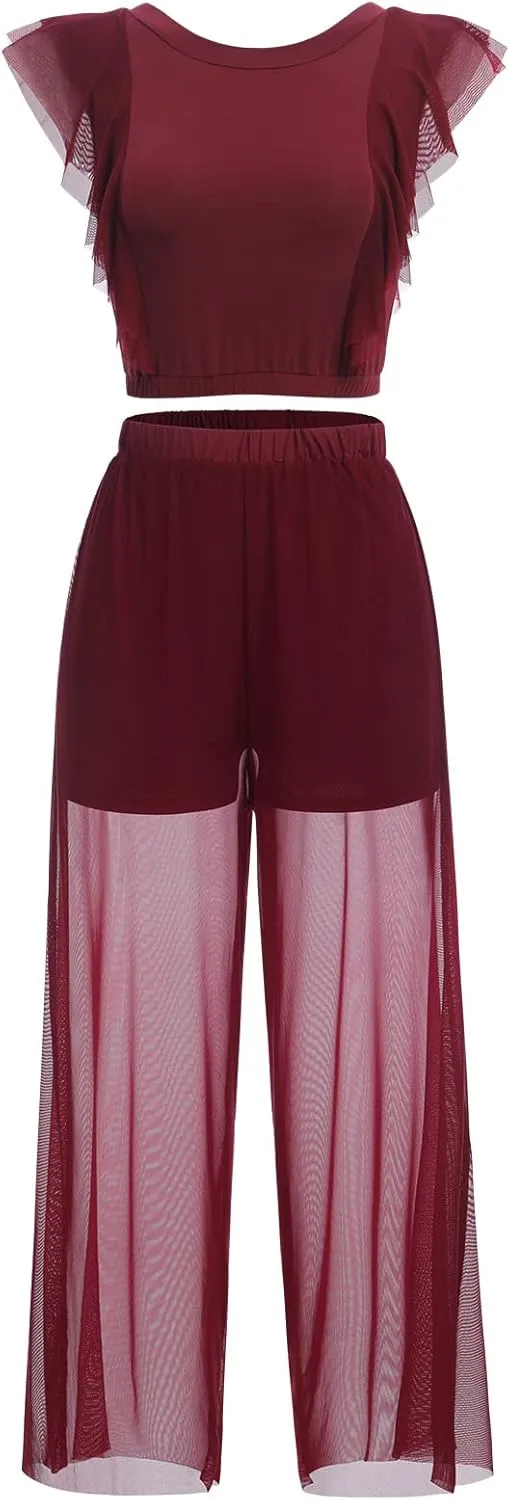 ODASDO Women Two Piece Lyrical Dance Costumes Criss Cross Crop Tops   Mesh Tulle Wide Leg Pants Modern Contemporary Dancewear