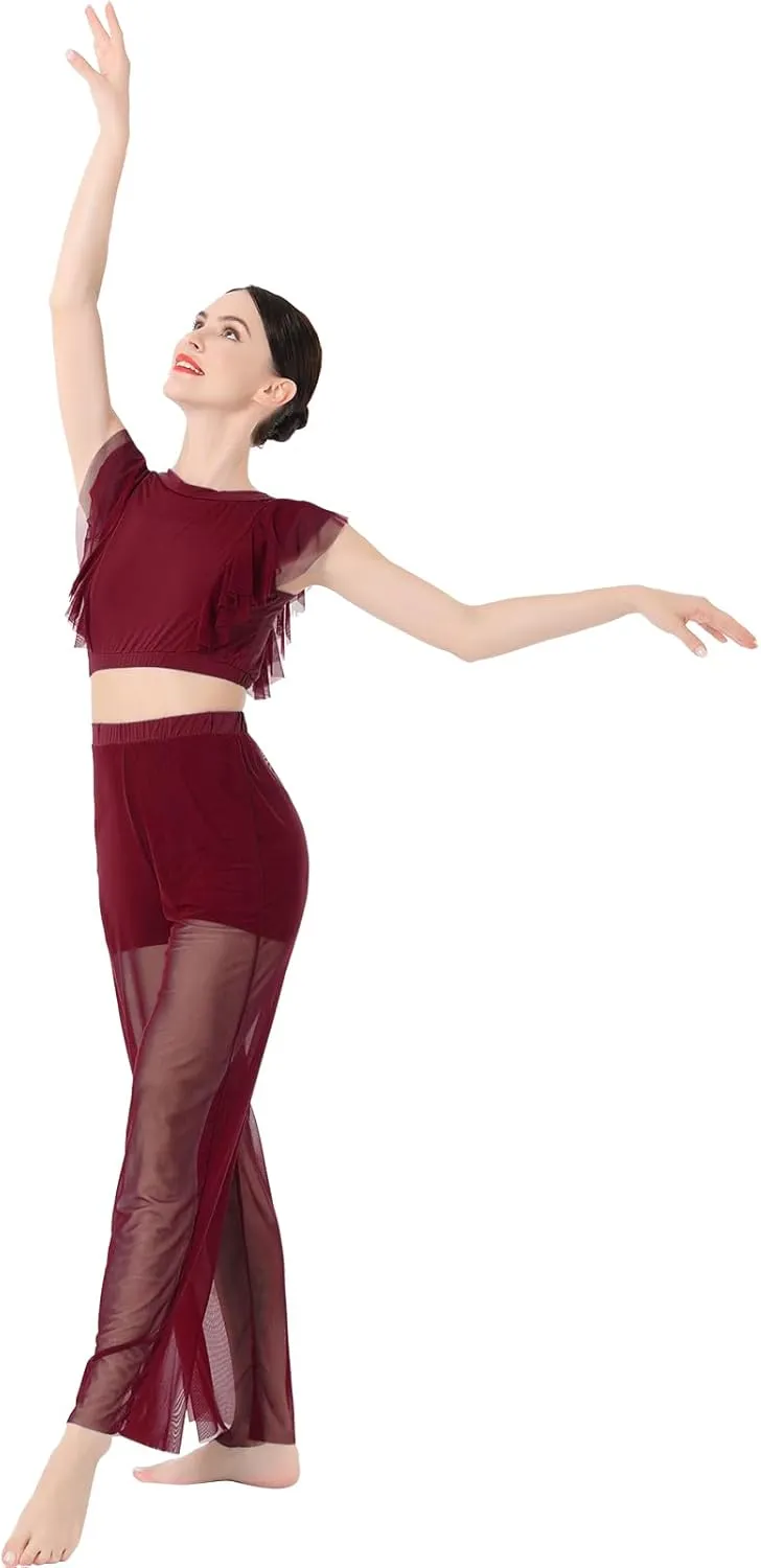 ODASDO Women Two Piece Lyrical Dance Costumes Criss Cross Crop Tops   Mesh Tulle Wide Leg Pants Modern Contemporary Dancewear