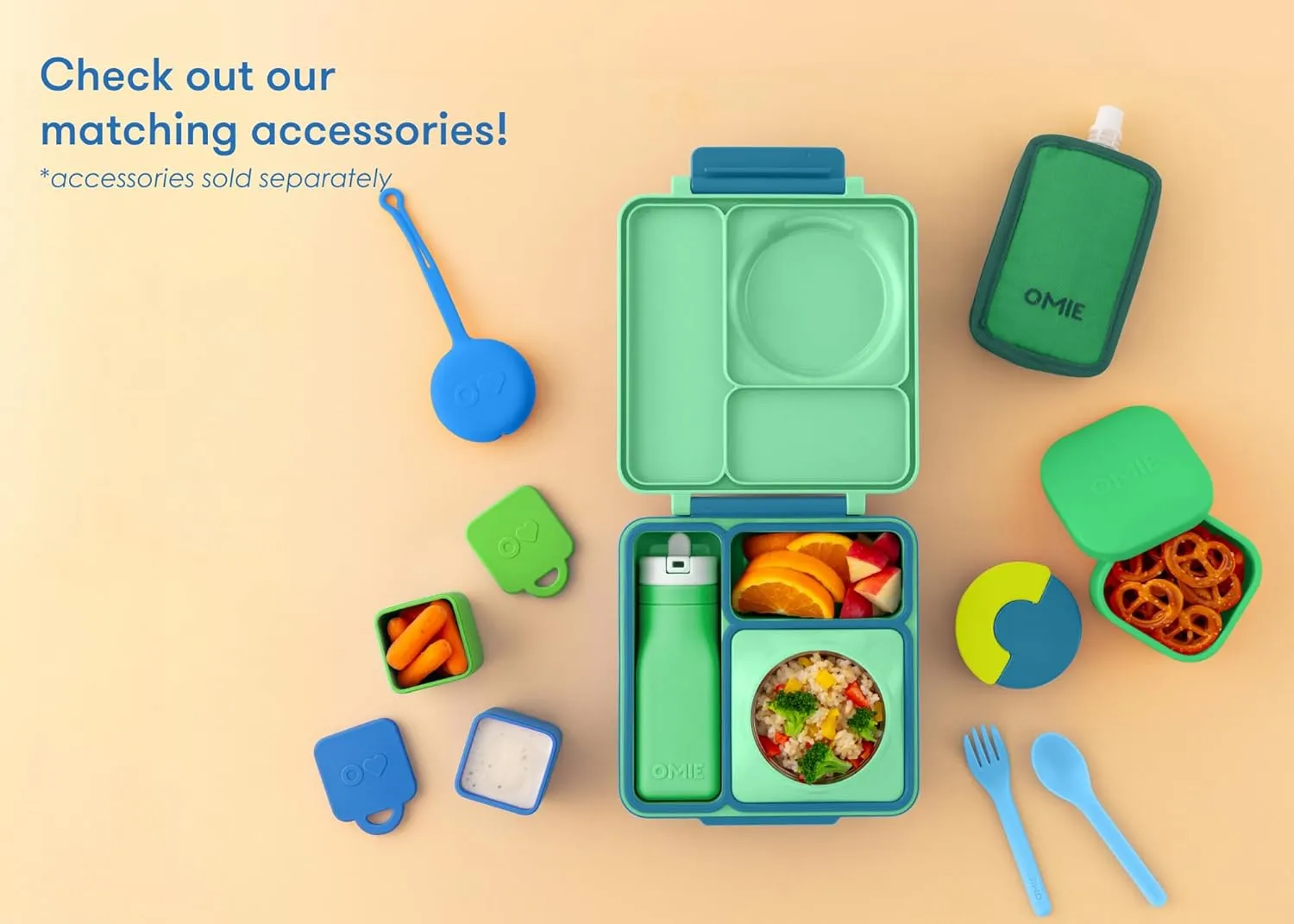 Omie OmieBox Bento Box for Kids - Insulated Lunch Box with Leak Proof Thermos Food Jar - 3 Compartments, 2 Temperature Zones - (Meadow) (Single)