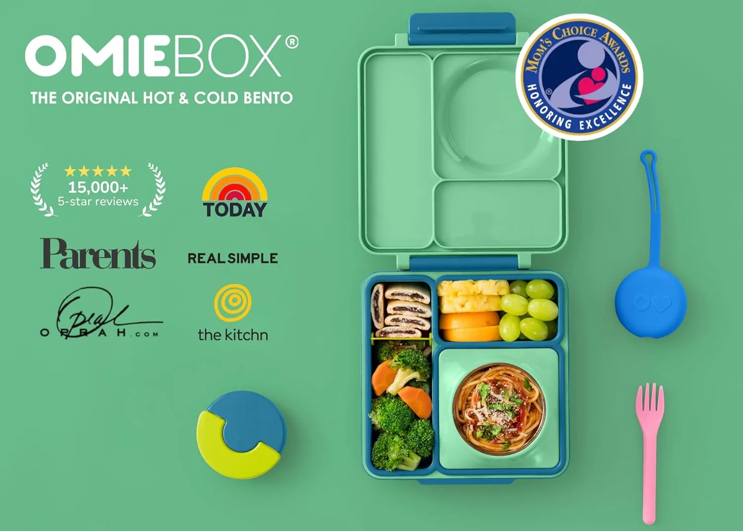 Omie OmieBox Bento Box for Kids - Insulated Lunch Box with Leak Proof Thermos Food Jar - 3 Compartments, 2 Temperature Zones - (Meadow) (Single)