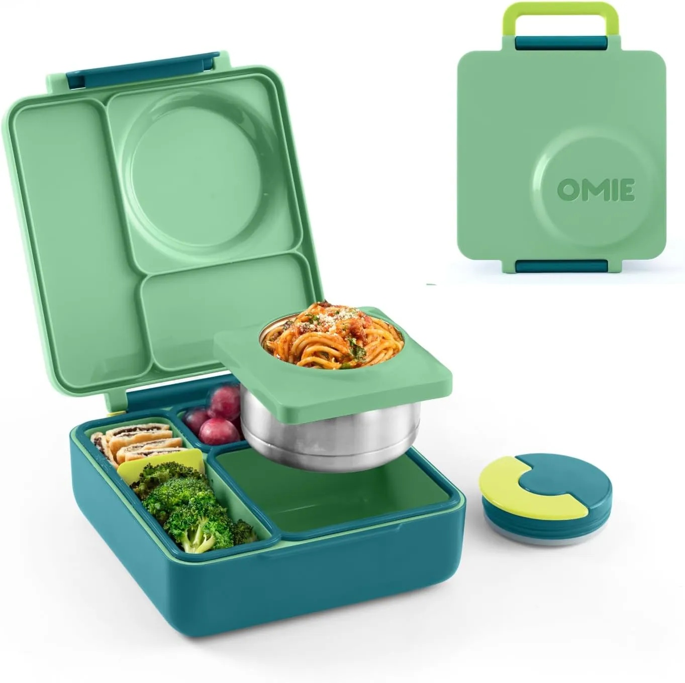 Omie OmieBox Bento Box for Kids - Insulated Lunch Box with Leak Proof Thermos Food Jar - 3 Compartments, 2 Temperature Zones - (Meadow) (Single)