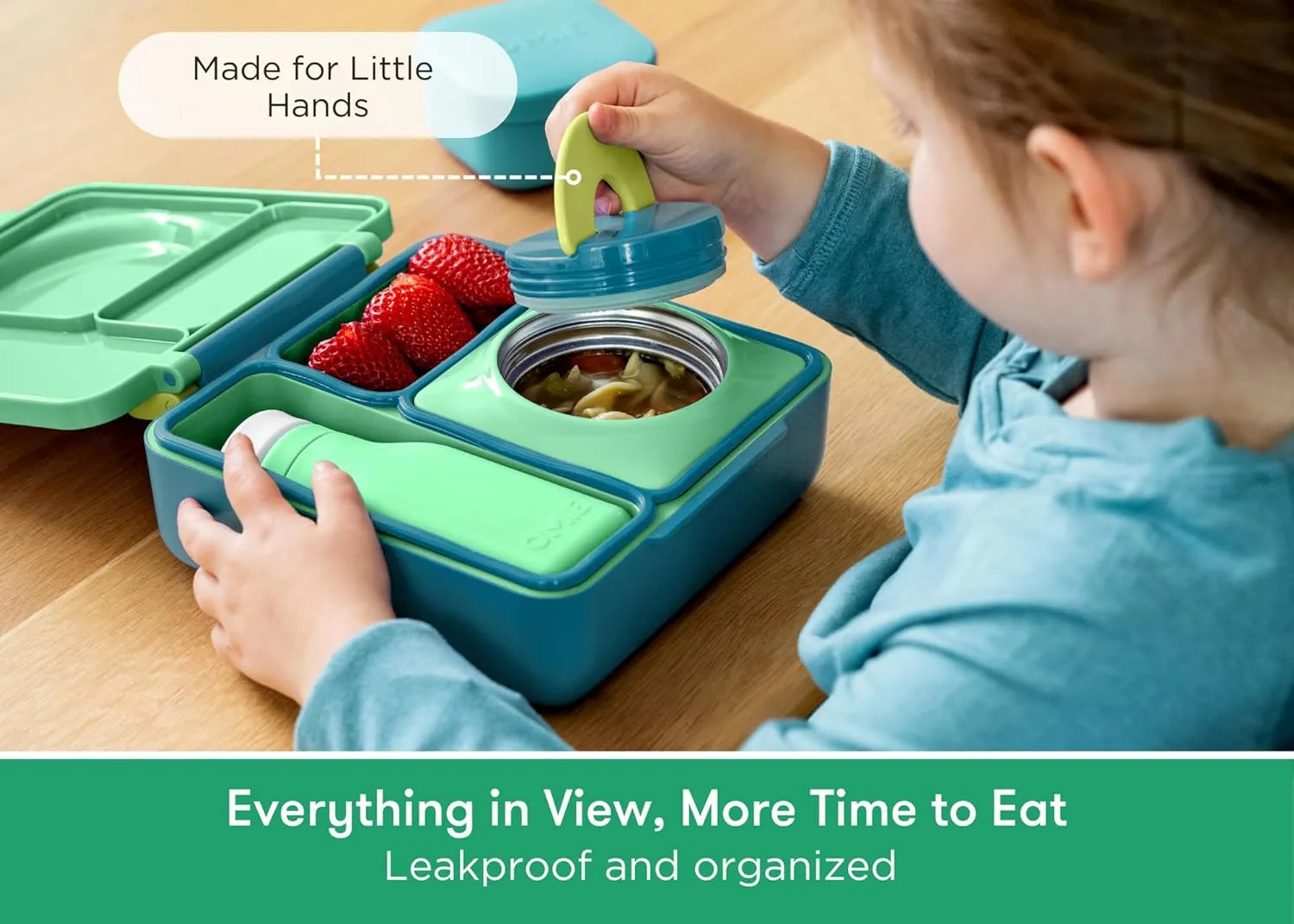 Omie OmieBox Bento Box for Kids - Insulated Lunch Box with Leak Proof Thermos Food Jar - 3 Compartments, 2 Temperature Zones - (Meadow) (Single)
