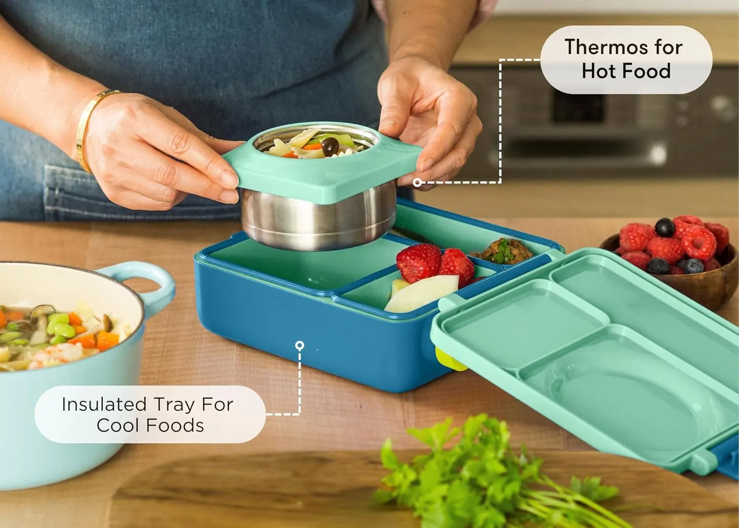 Omie OmieBox Bento Box for Kids - Insulated Lunch Box with Leak Proof Thermos Food Jar - 3 Compartments, 2 Temperature Zones - (Meadow) (Single)