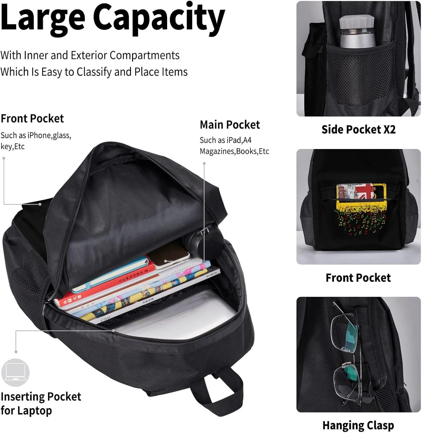 One Loves Jamaican Rasta Reggae Mixtape Music Multifunctional Pocket Backpack Crossbody Lunch Bag Pencil Case 3Pcs Set Large Capacity Backpack