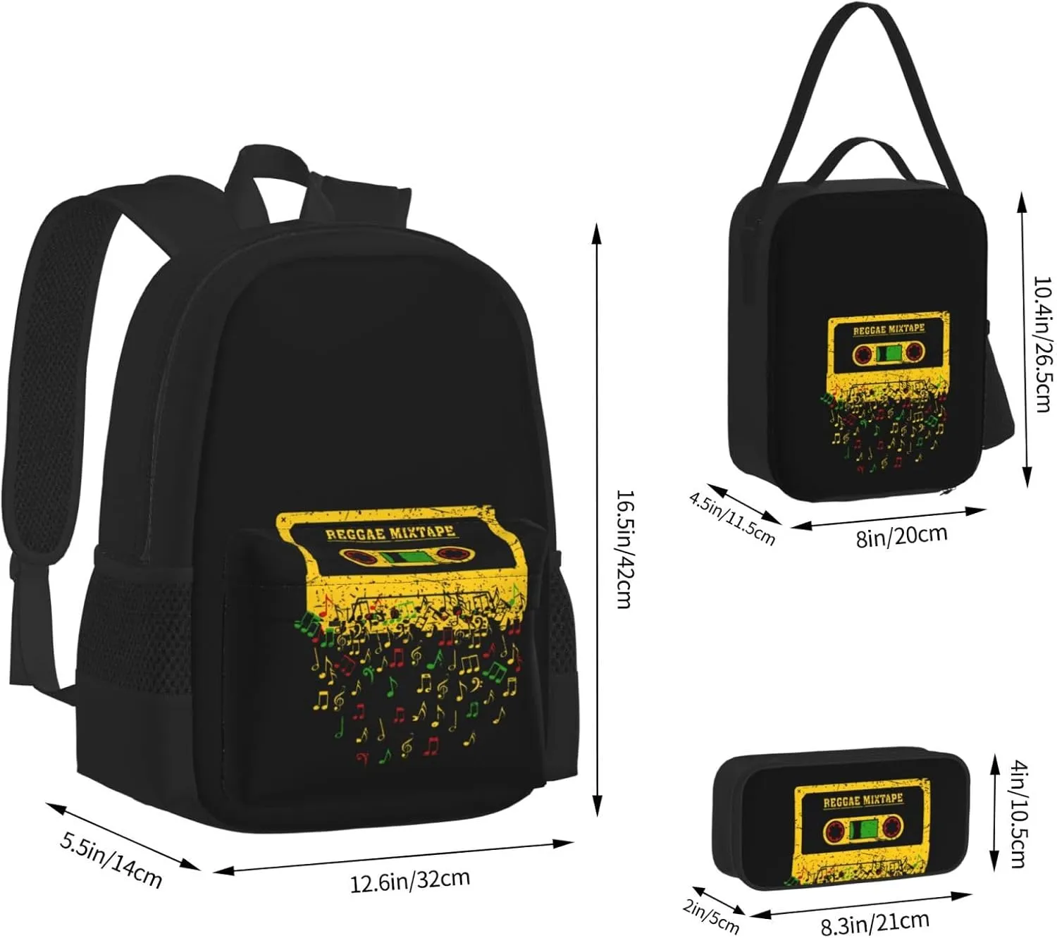 One Loves Jamaican Rasta Reggae Mixtape Music Multifunctional Pocket Backpack Crossbody Lunch Bag Pencil Case 3Pcs Set Large Capacity Backpack