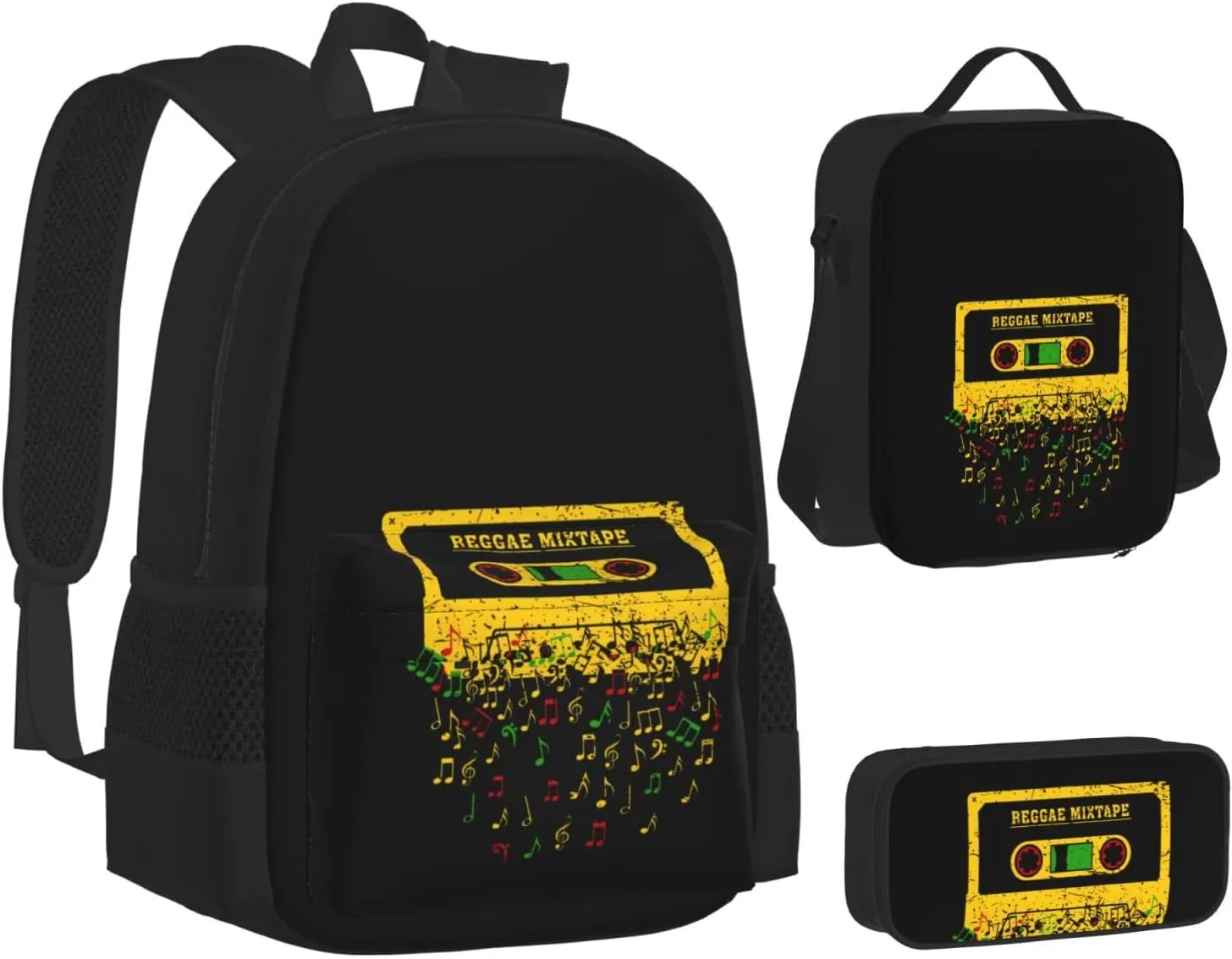 One Loves Jamaican Rasta Reggae Mixtape Music Multifunctional Pocket Backpack Crossbody Lunch Bag Pencil Case 3Pcs Set Large Capacity Backpack